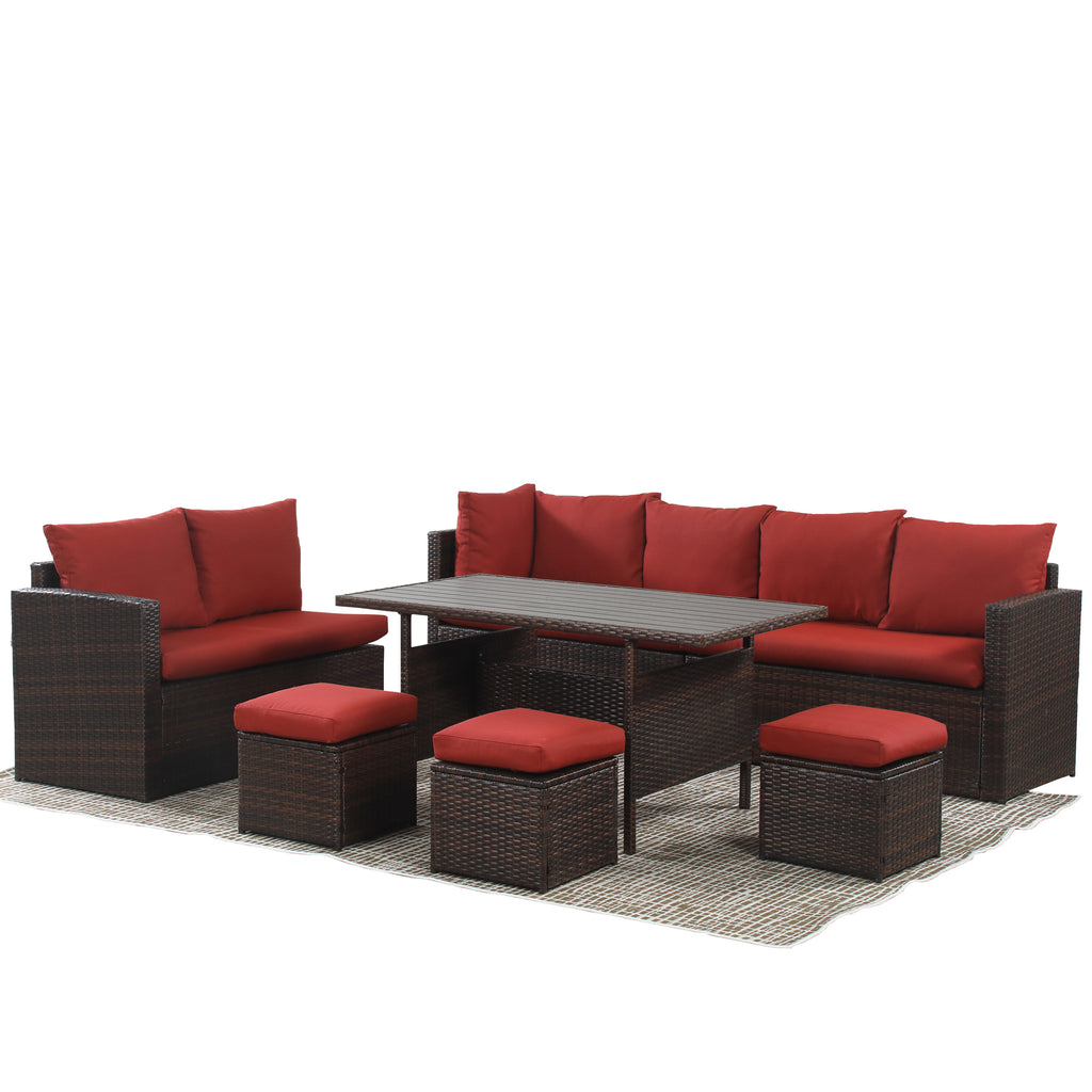 Red Rattan Wicker Patio Dining Table Set B576683