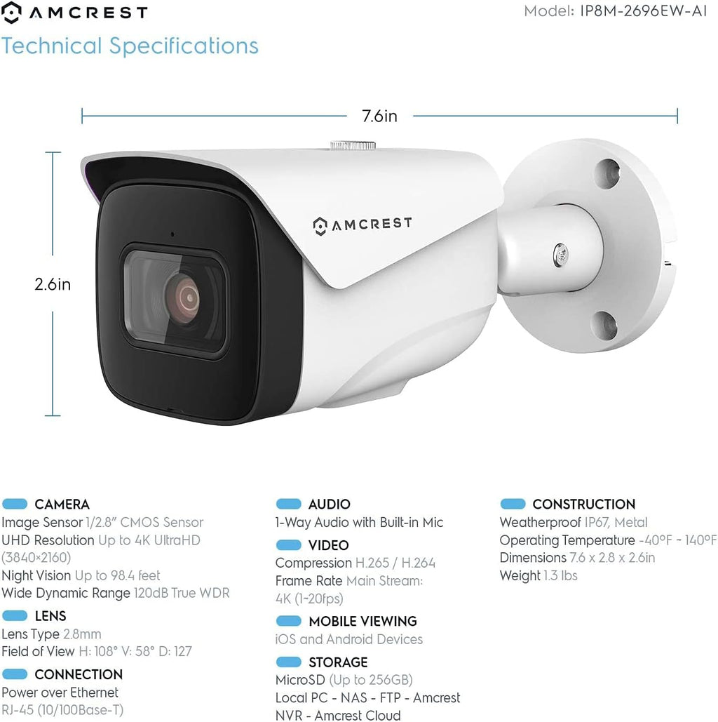 4K AI POE Bullet IP Camera, 98ft Night Vision, 2.8mm Lens, IP67 Weatherproof, White B314624