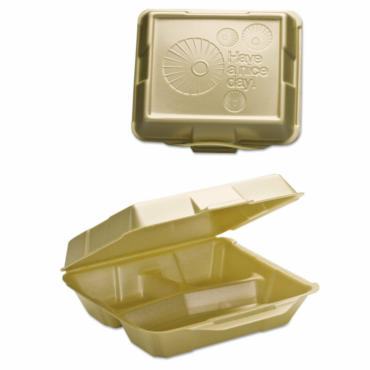 Foam Hinged Carryout Container 3-Comp 9-1/4x9-1/4x3 Sesame 100/bg 2 BG/CT I566255