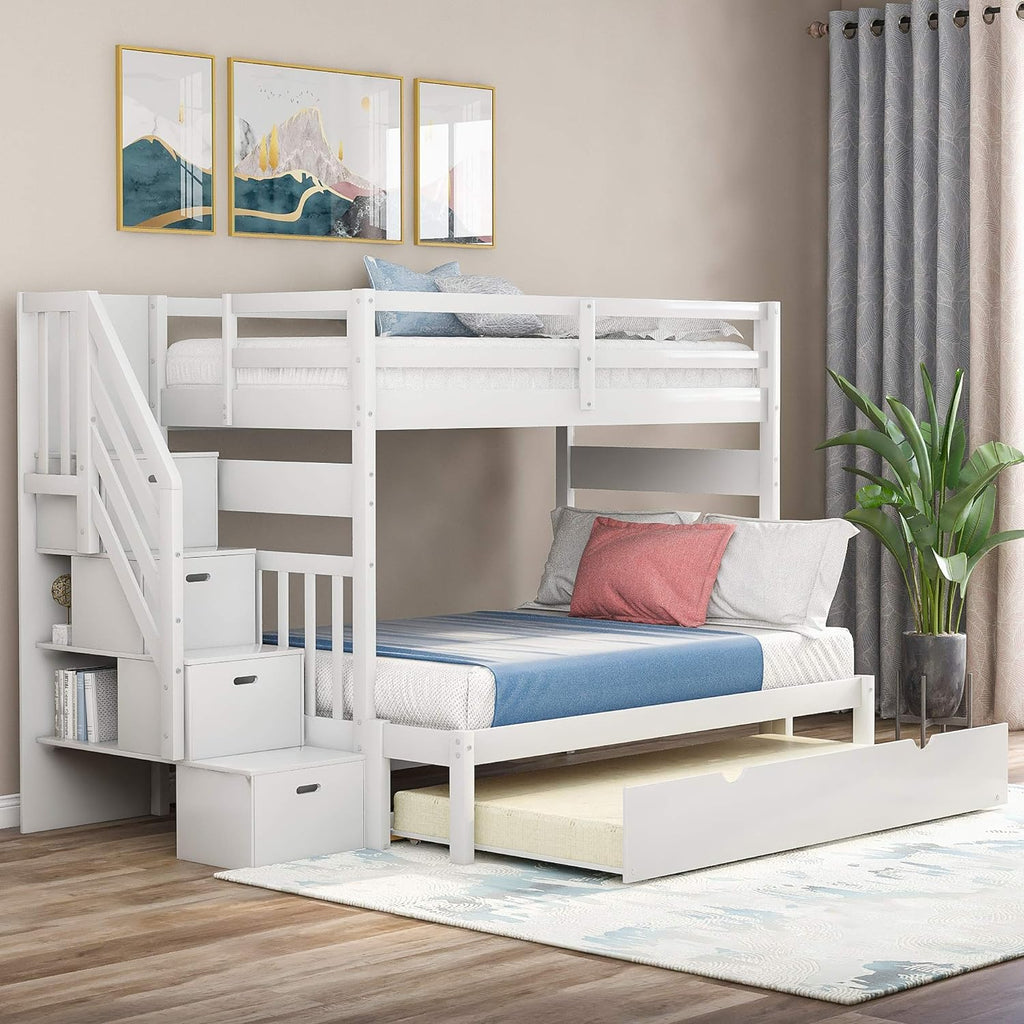 White Twin Over Twin Bunk with Trundle, 4 Drawers, and 3 Shelves Y7560