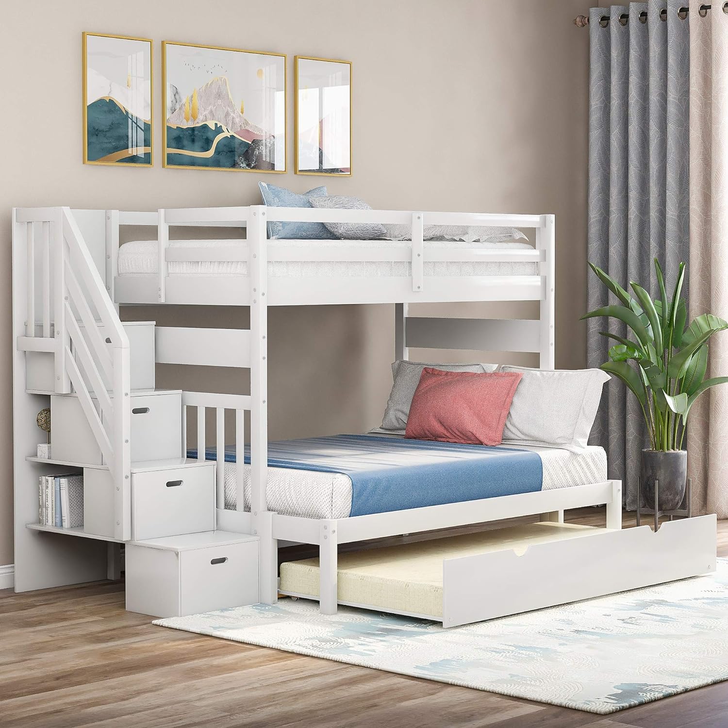 White Twin Over Twin Bunk with Trundle, 4 Drawers, and 3 Shelves Y7560