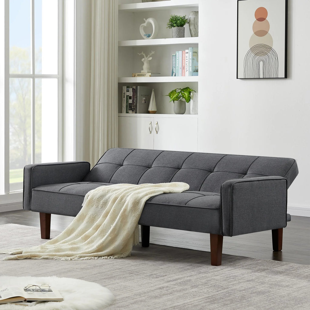 Grey Linen Convertible Sleeper Sofa with Removable Armrests W53765