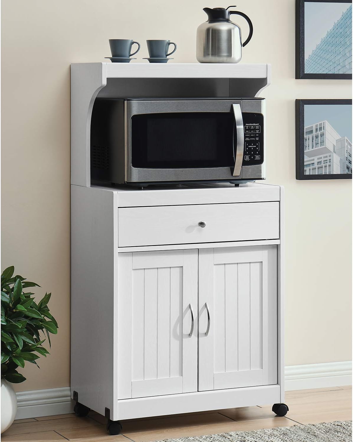 White Microwave Cart with Double Door Cabinet, 1 Drawer, and Top Shelf X375