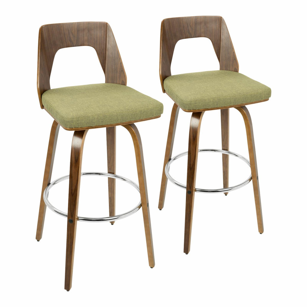 30" Mid-Century Modern Fixed Height Barstool With Swivel In Walnut And Green Fabric - Set Of 2 K6449