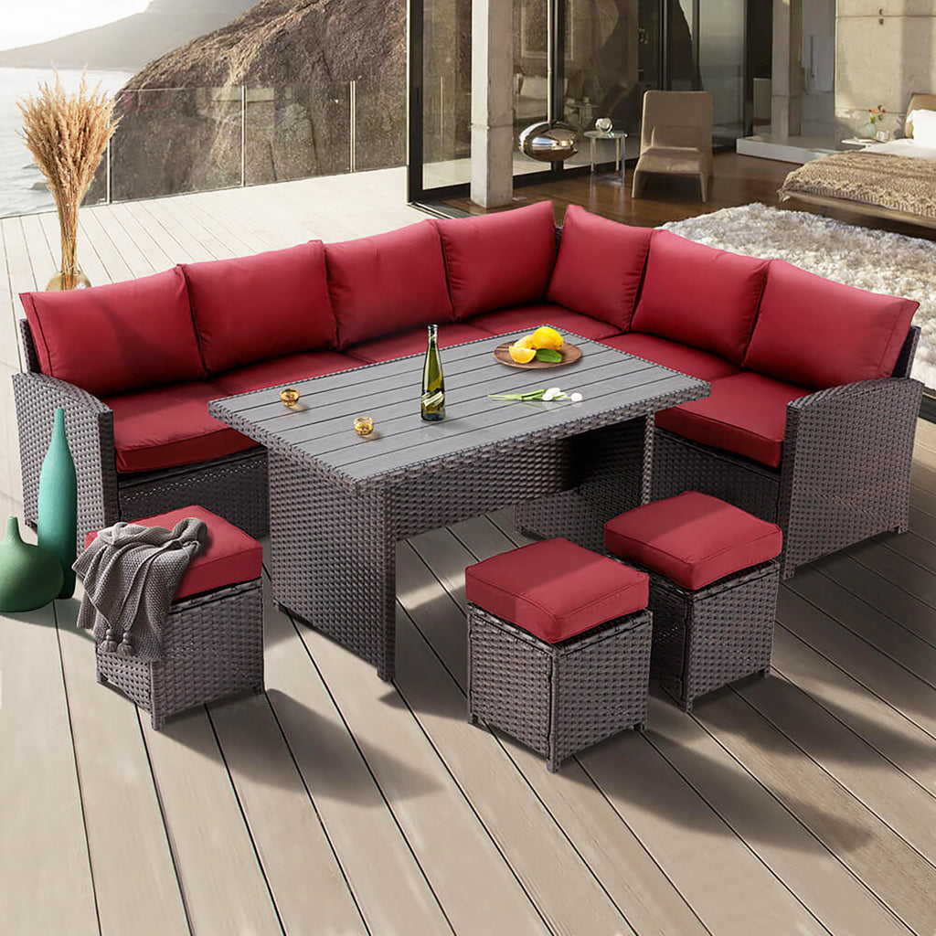 Red Rattan Wicker Patio Dining Table Set B576683