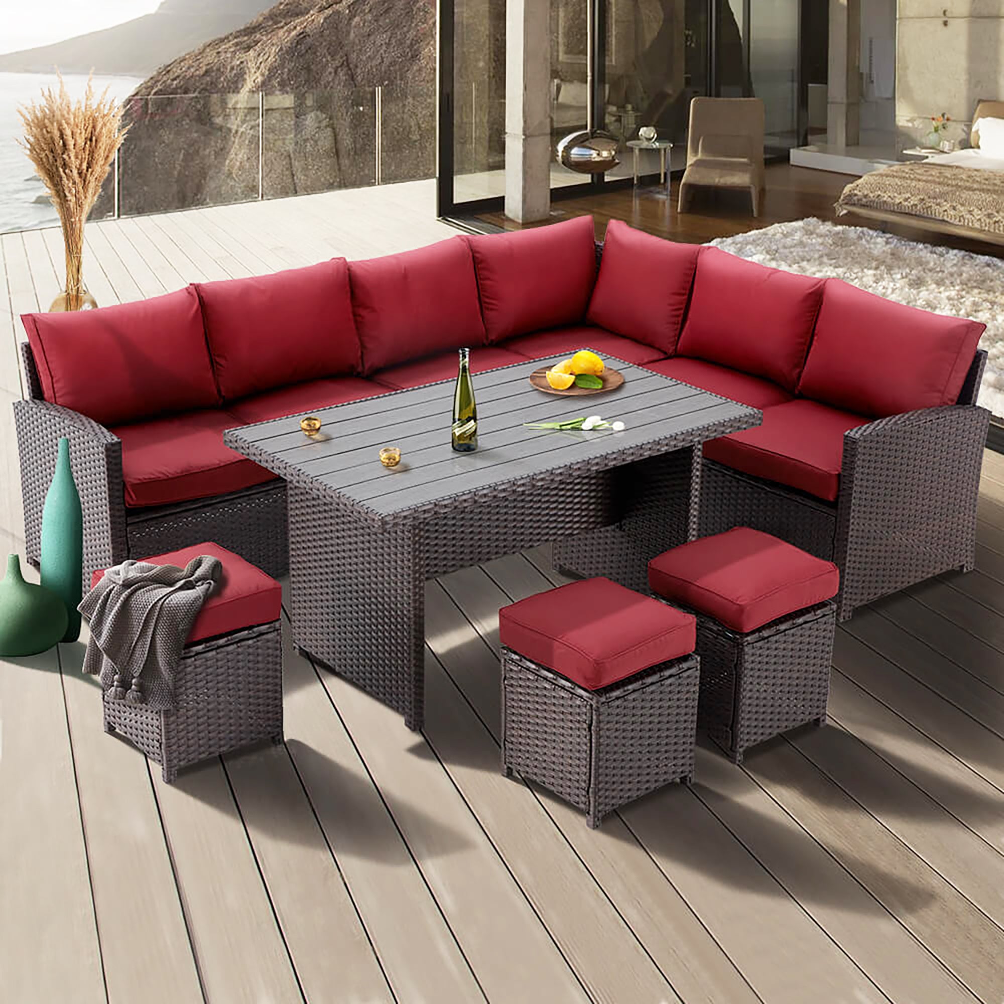 Red Rattan Wicker Patio Dining Table Set B576683