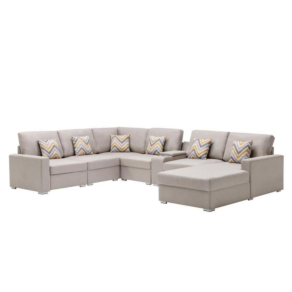 Beige Fabric Reversible Sectional with Charging Port and Storage Console H67833