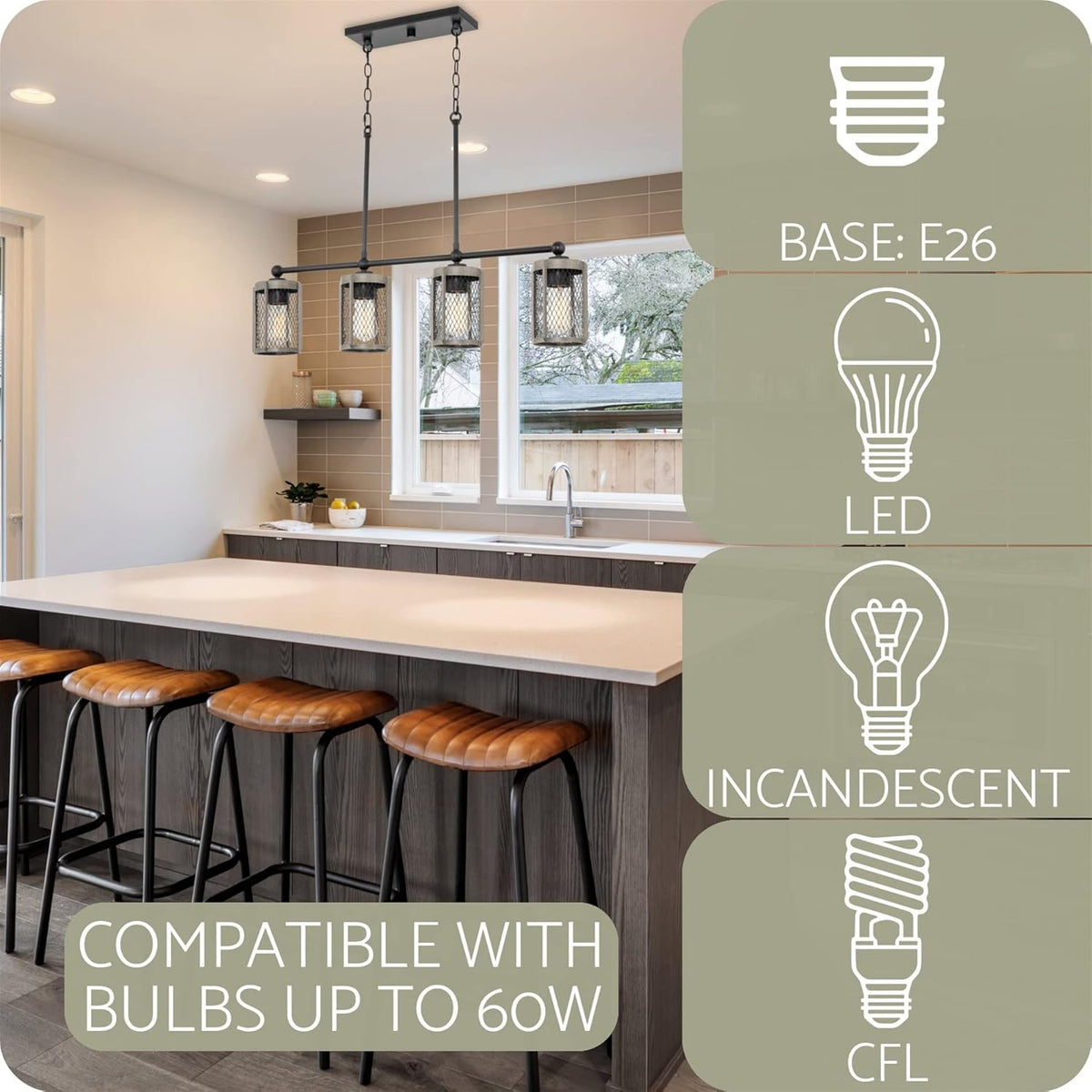 4-Light Modern Farmhouse Island Light with Metal Cage Shades R830