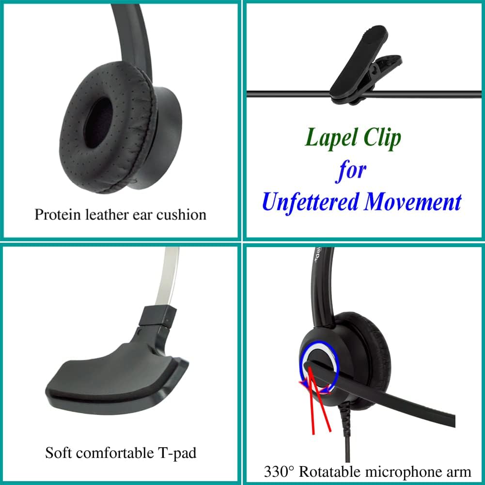 RJ9 Corded HD Voice Headset Compatible Cisco IP Phones, Plus 3.5mm Adapter, Monaural, Pack of 2 I822505