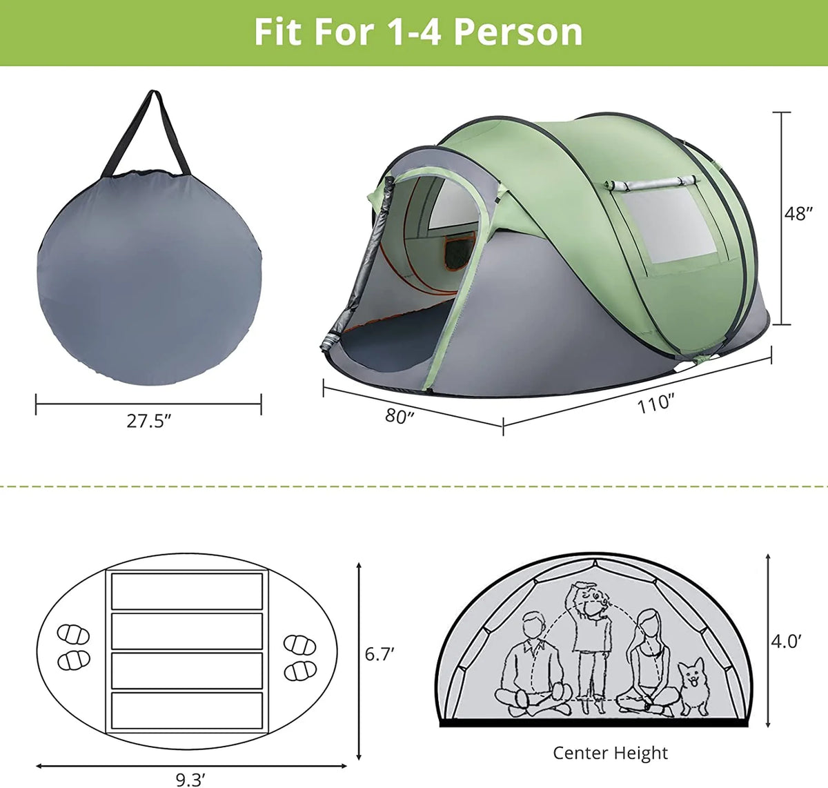 Pop Up Camping Tent, Waterproof Automatic Setup, 110inx79inx48in Z898
