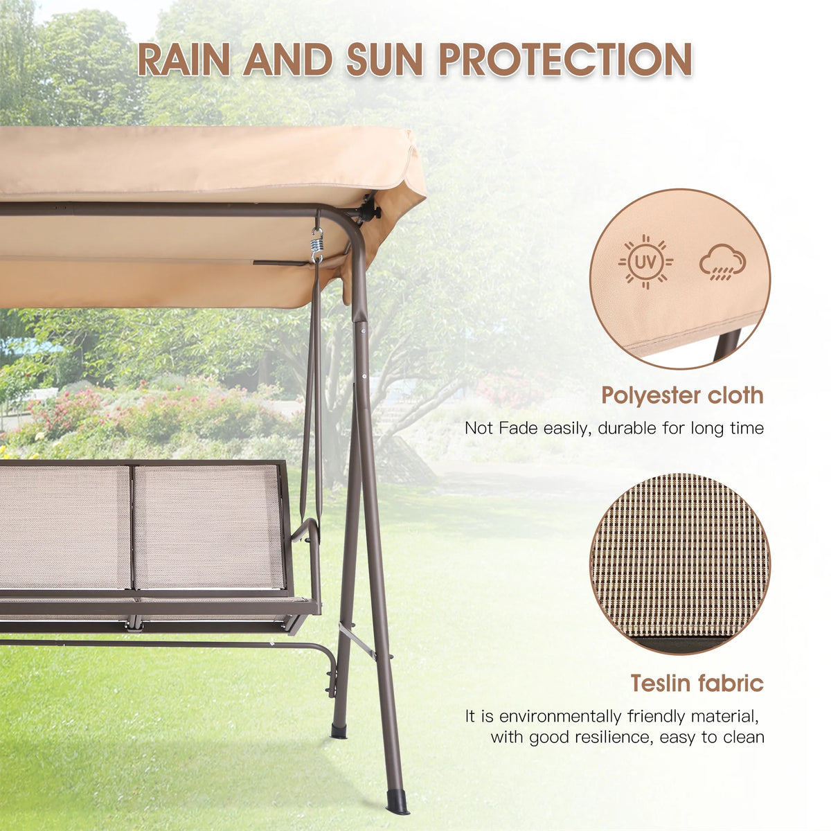 Outdoor Swing With Canopy, 3-Person, Beige P32816