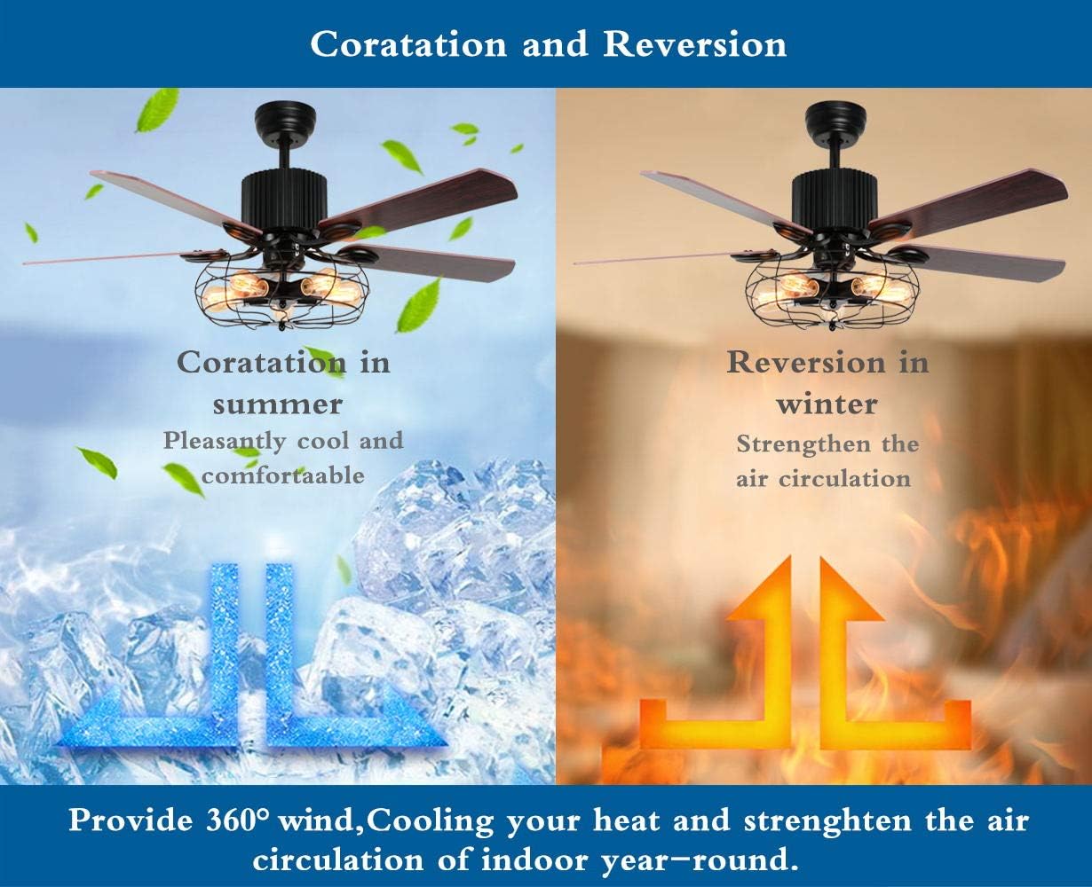 Retro Industrial Ceiling Fan Light with Iron Cage Cover Pull Chain Remote and 5 Reversible Wood Leaves 52Inch I152