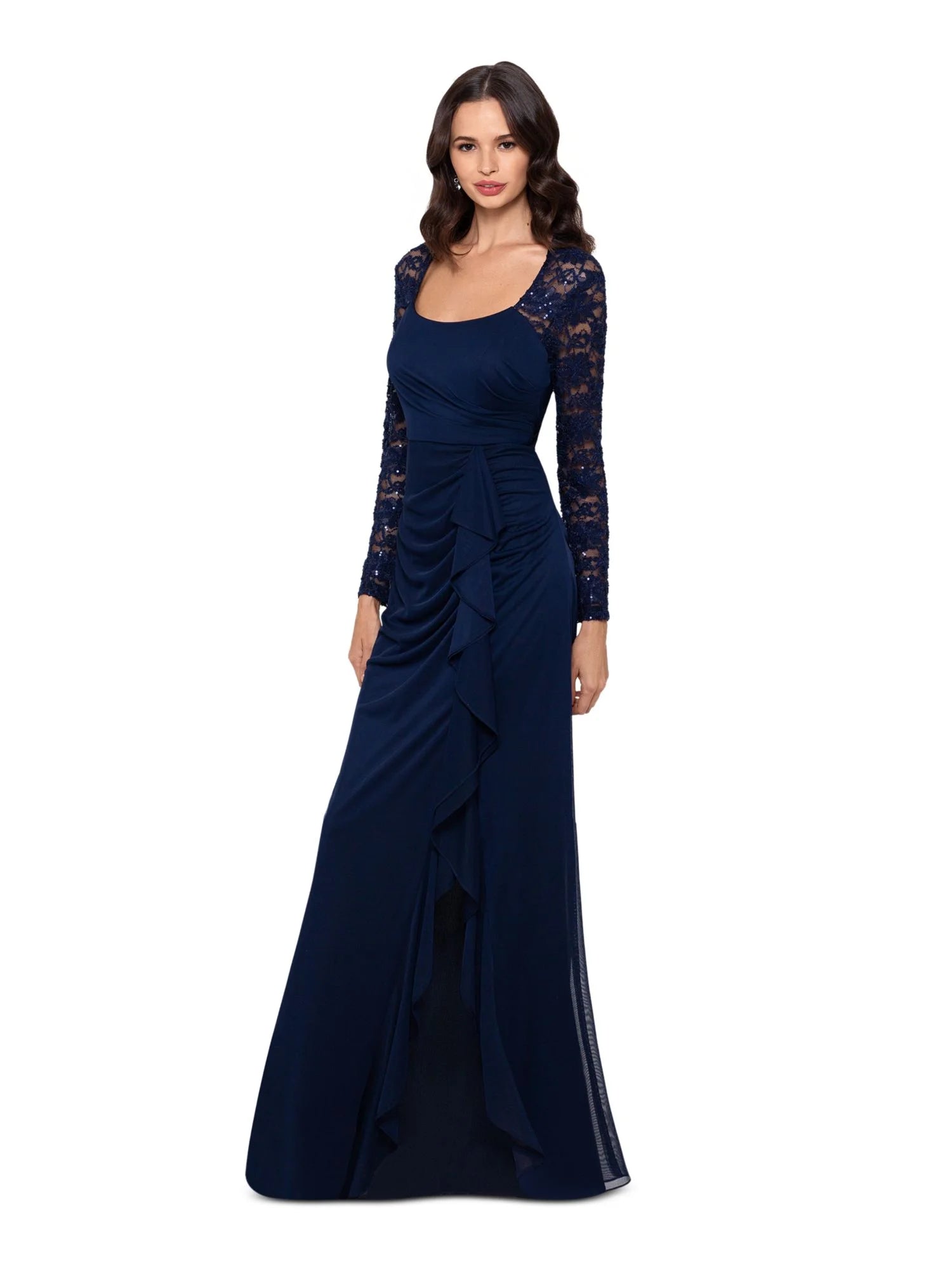 Navy Lace Sequined Long Sleeve Scoop Neck Full-Length Body Con Dress J799504