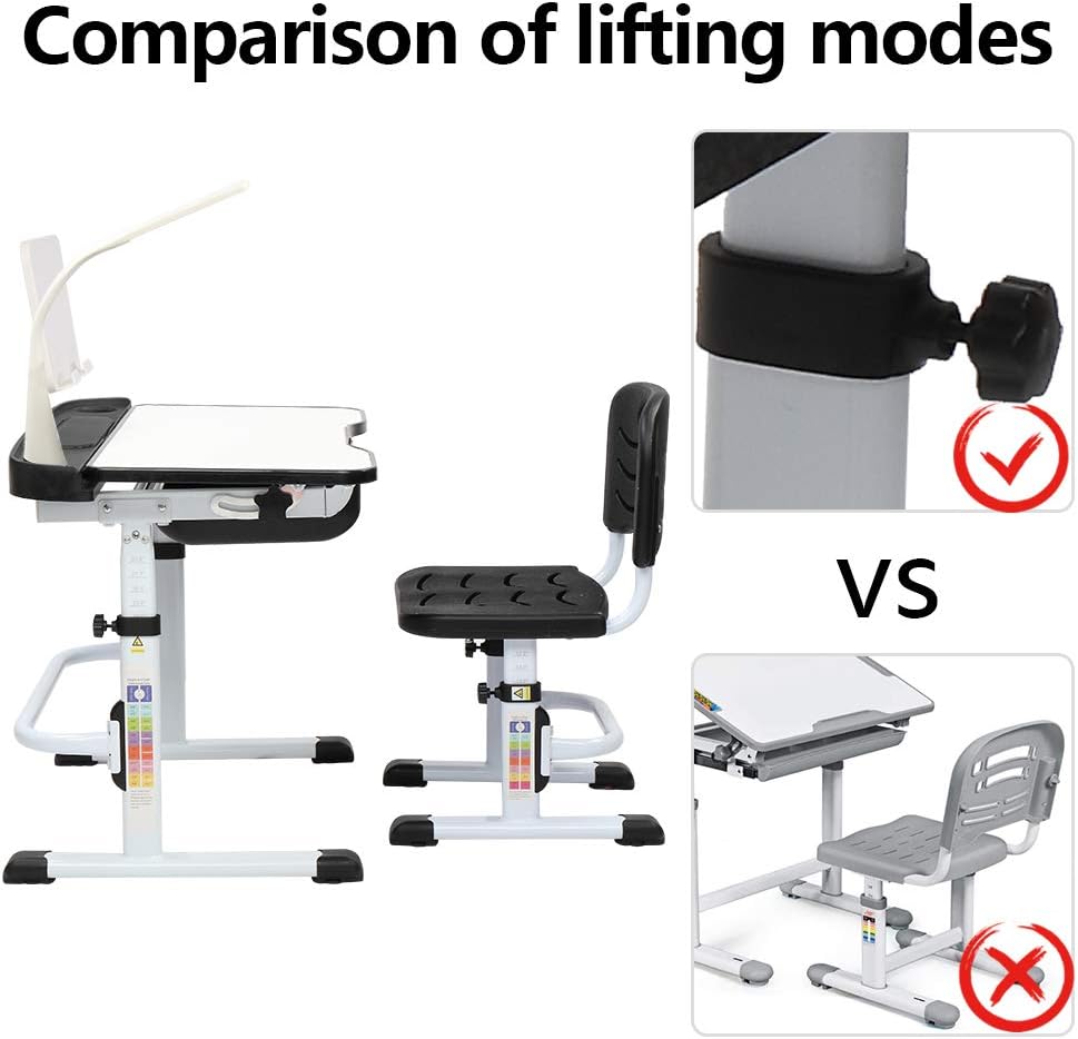 80CM Hand-cranked Lifting Top Can Tilt Children Learning Table and Chair Black with Reading Stand Desk Lamp E33418