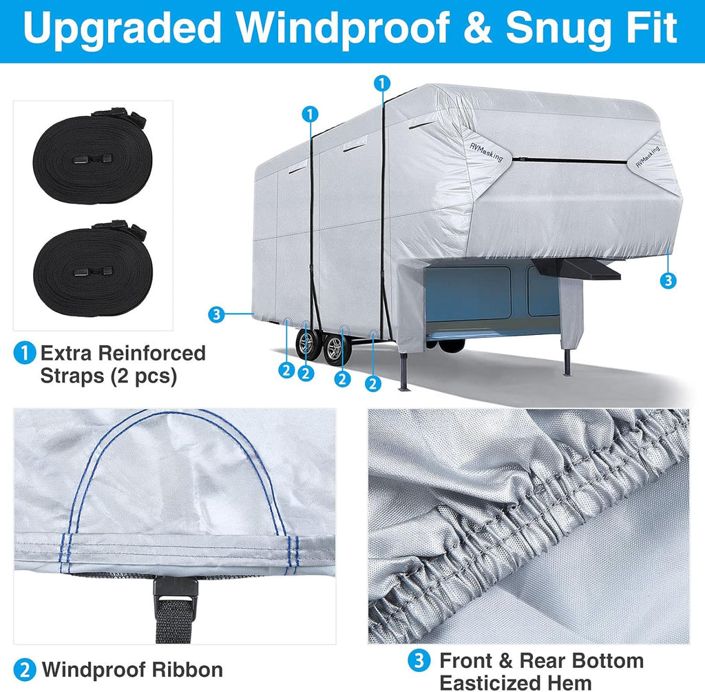 RV 5th Wheel Cover with Adhesive Repair Patch, Ripstop Waterproof, Fits 31'1"-34' L, Pack of 2 M238