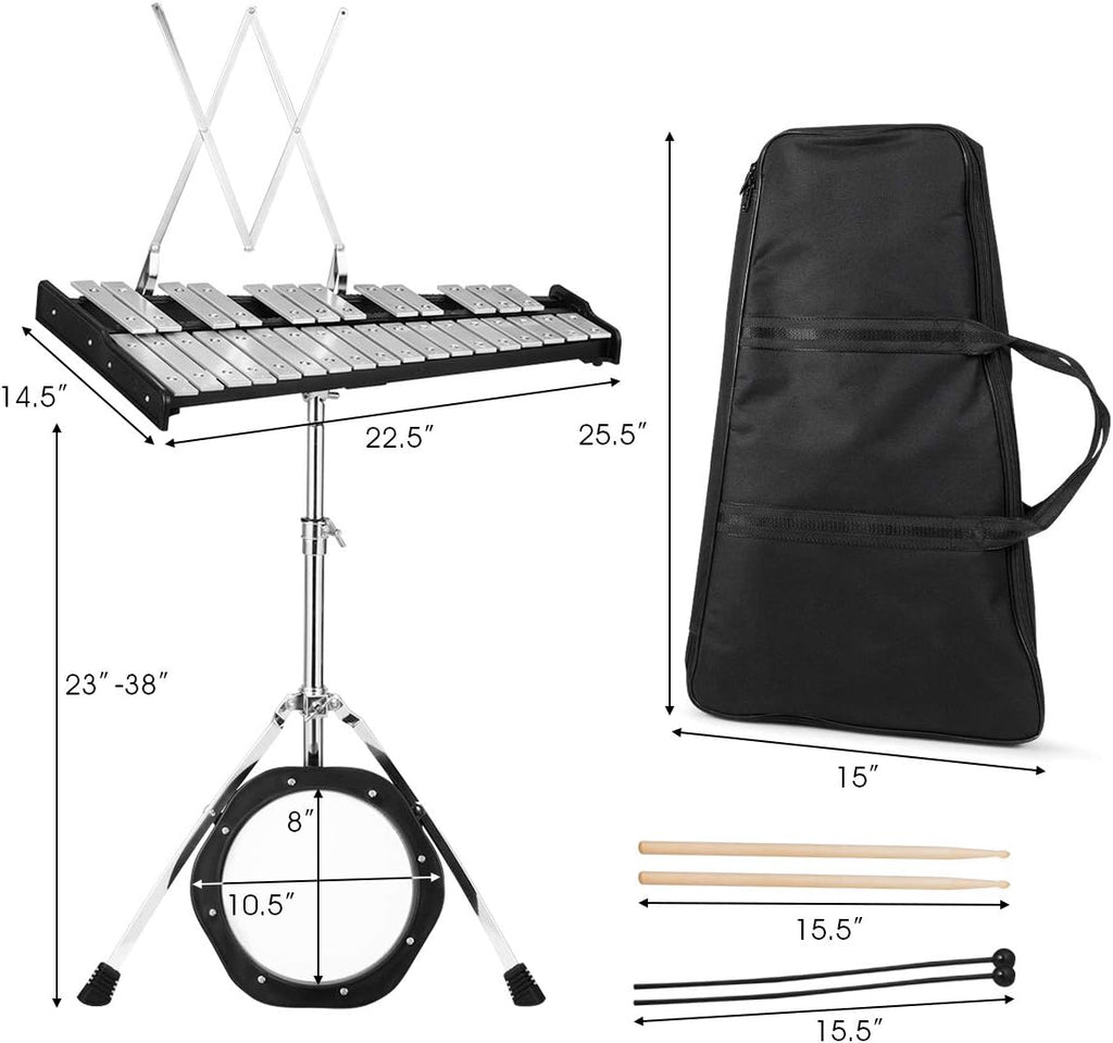 Glockenspiel Bell Kit 30 Notes with Frame, Music Stand, Practice Pad, Bell Mallets, Wooden Drumsticks, Carrying Bag H976468