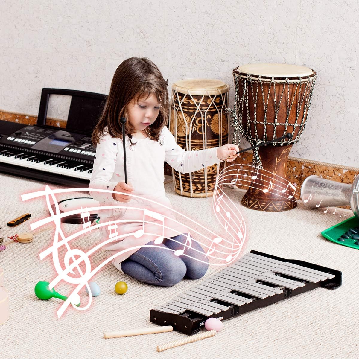 Glockenspiel Bell Kit 30 Notes with Frame, Music Stand, Practice Pad, Bell Mallets, Wooden Drumsticks, Carrying Bag H976468
