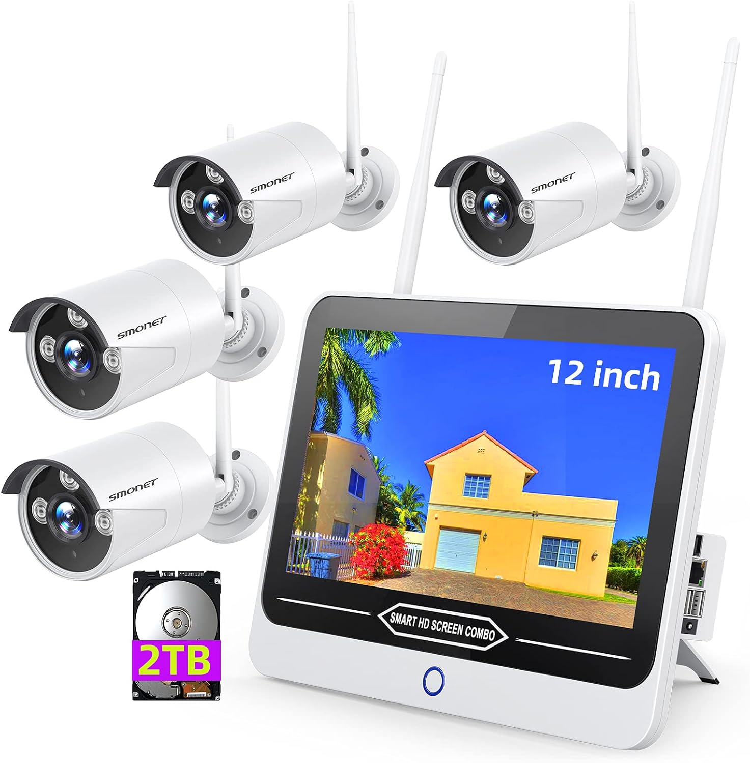 3MP Wireless Security Camera System with 12" Monitor 2TB Hard Drive, 8CH NVR Kits, 4Pcs 3MP IP Cameras, Night Vision K191122