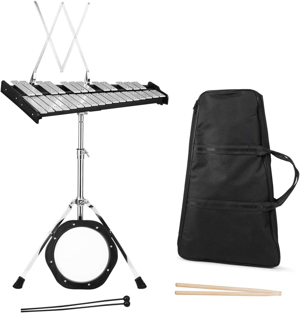 Glockenspiel Bell Kit 30 Notes with Frame, Music Stand, Practice Pad, Bell Mallets, Wooden Drumsticks, Carrying Bag H976468