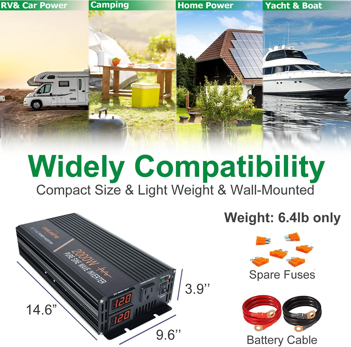 2000W Pure Sine Wave Power Inverter 12V DC to AC 110V 120V Surge 4000 Watt with LED Display Q69388