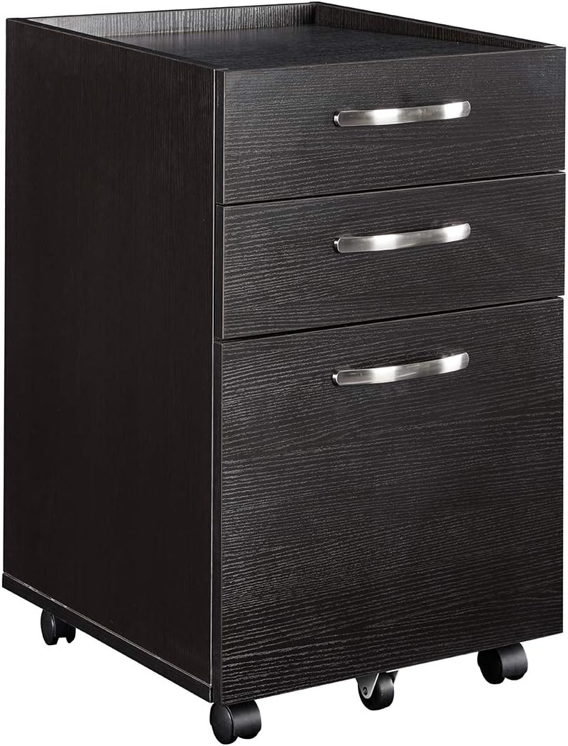 Black 3 Drawer Mobile File Cabinet Wood Rolling File Pedestal Cabinet V201541