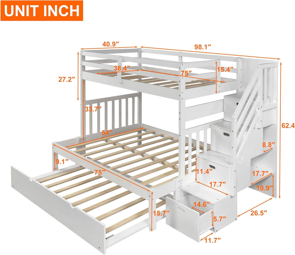 White Twin Over Twin Bunk with Trundle, 4 Drawers, and 3 Shelves Y7560
