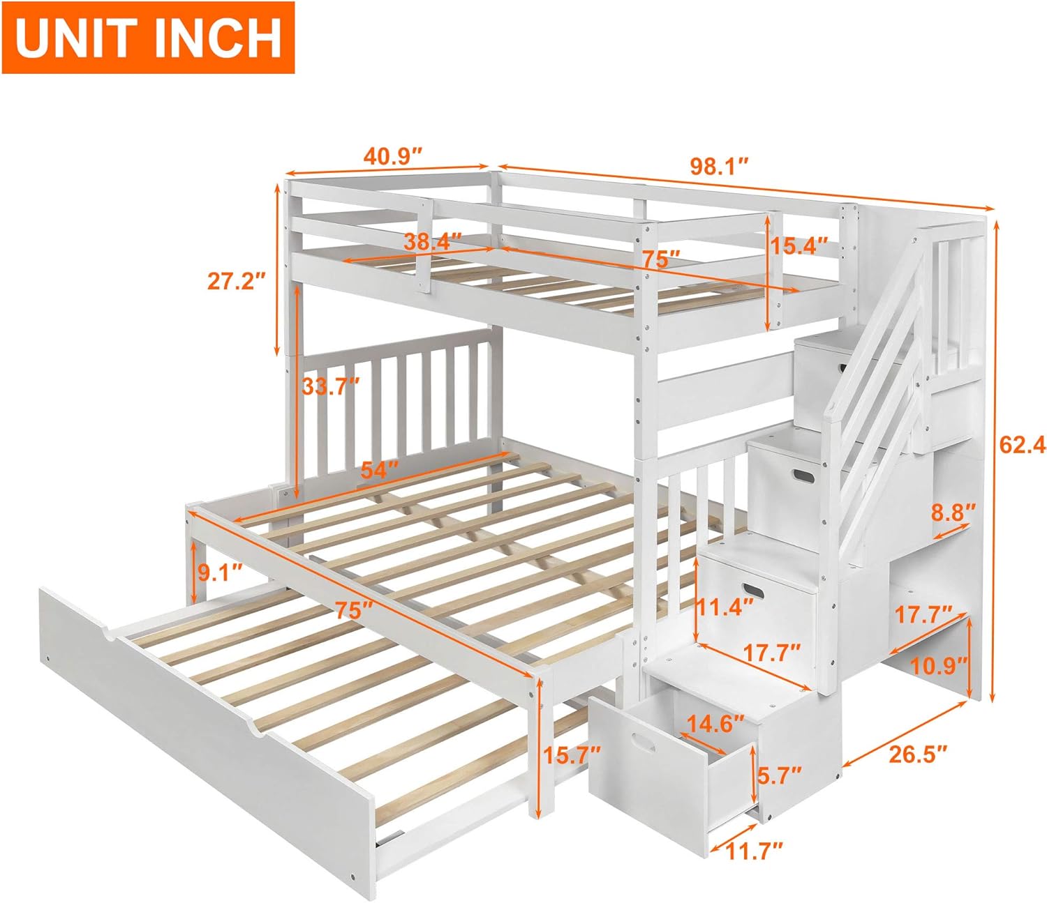 White Twin Over Twin Bunk with Trundle, 4 Drawers, and 3 Shelves Y7560