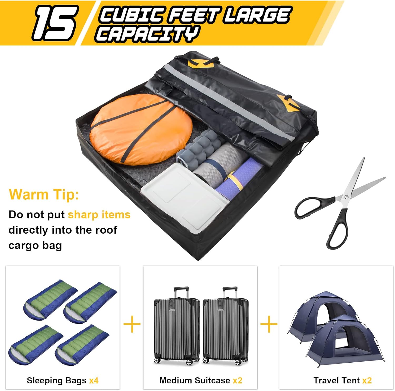 Rooftop Cargo Carrier 15 Cubic Feet Waterproof Roof Rack Cargo Bag with Anti-Slip Mat A670