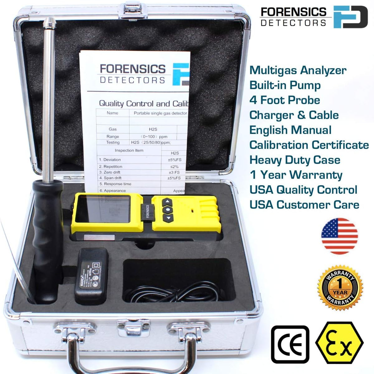 4 Gas Monitor with Built-in Pump, O2 CO H2S LEL, Color Display, Data Logging C208