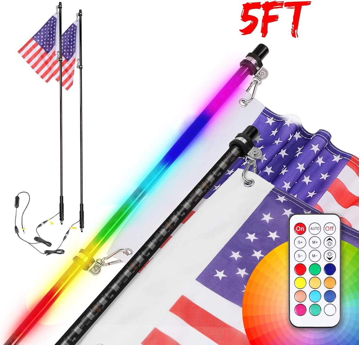 2PCS 5FT LED Whip Lights with RF Remote for ATV UTV G833