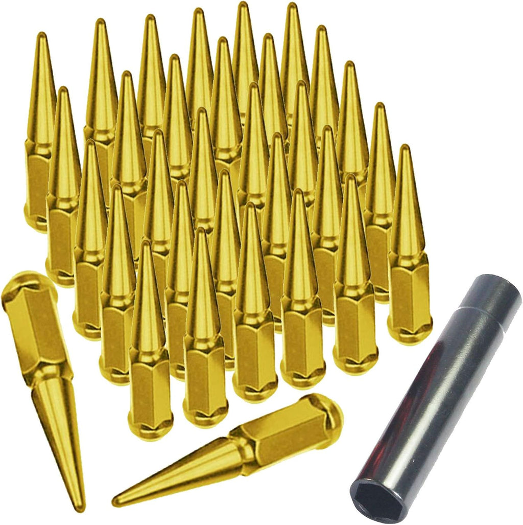 14x1.5 Spiked Solid Metal Gold Wheel Lug Nuts with 1 Key H505