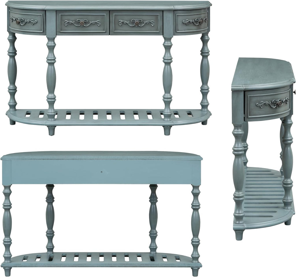Antique Blue Wood Curved Console Table with Drawers & Shelf V689