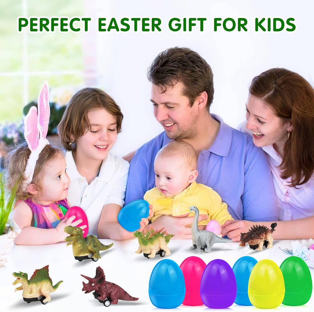 6 Pack Jumbo Prefilled Easter Eggs with Dinosaur Pull Back Cars Toys W32587