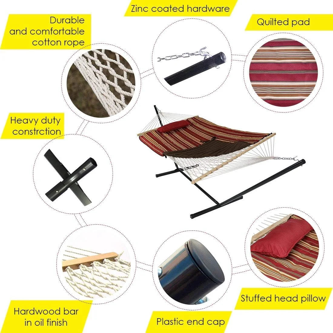 Double Outdoor Hammock with Stand, 2 Person Cotton Rope Hammock with Polyester Pad and Pillow E250