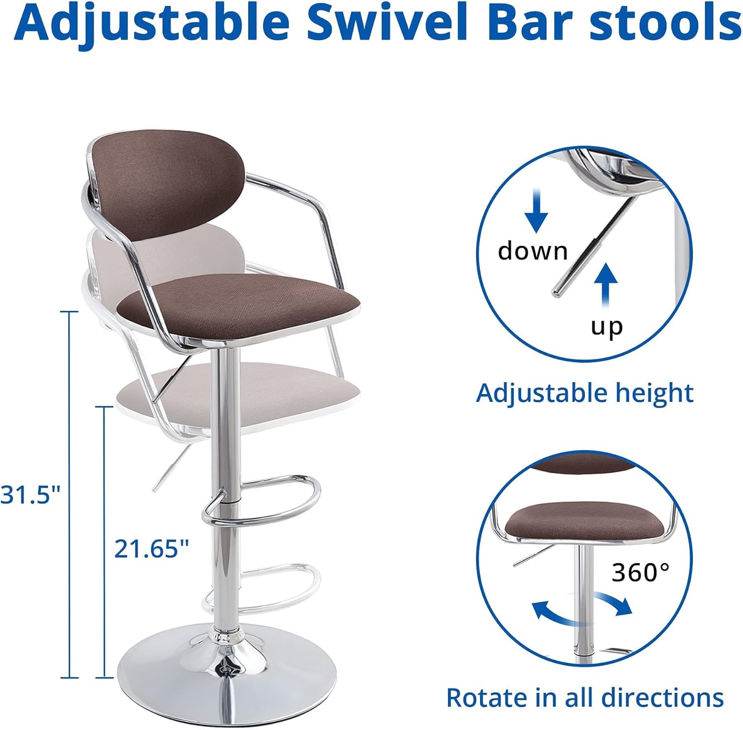 Bar Stools Set of 2, Counter Height, Fabric, Swivel Metal, Light Brown T714216