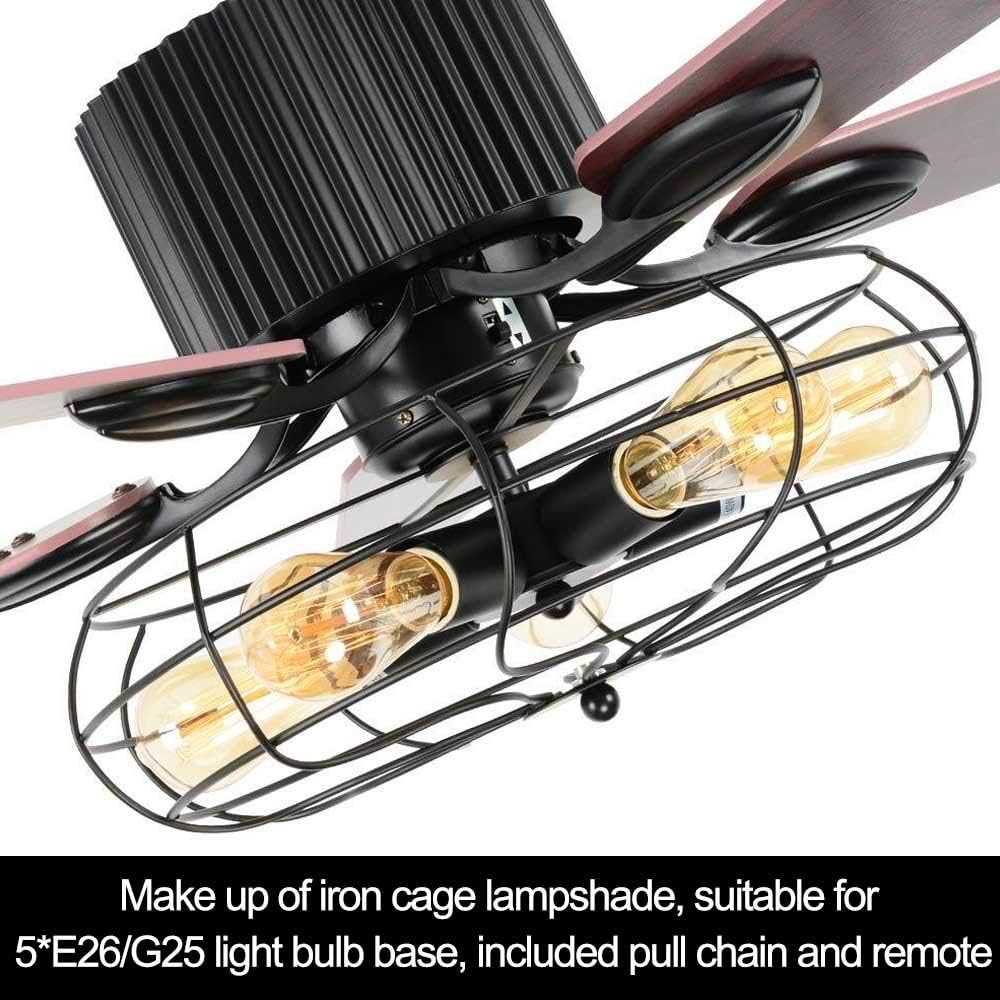 Retro Industrial Ceiling Fan Light with Iron Cage Cover Pull Chain Remote and 5 Reversible Wood Leaves 52Inch I152