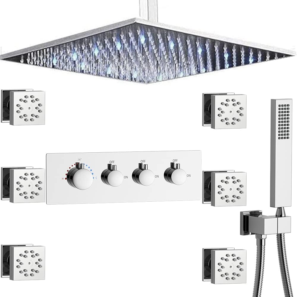 16 Inch LED Rain Shower System with Body Jets, Polished Chrome Brass Ceiling Mounted Shower Faucet Combo S7759
