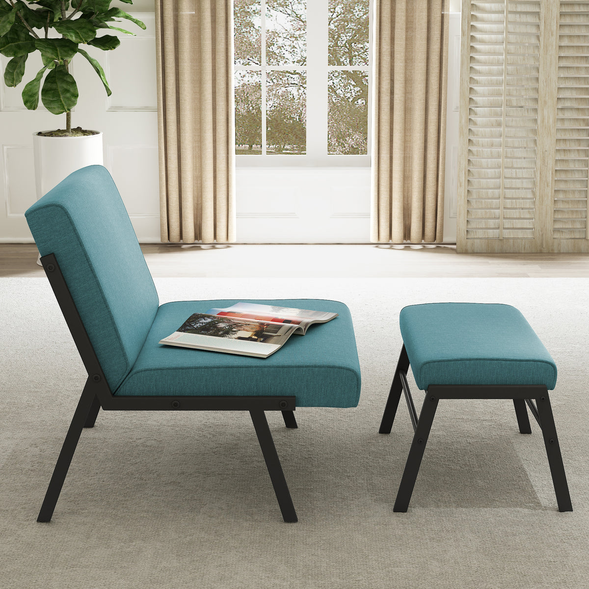 Green Linen Accent Chair with Ottoman U519794