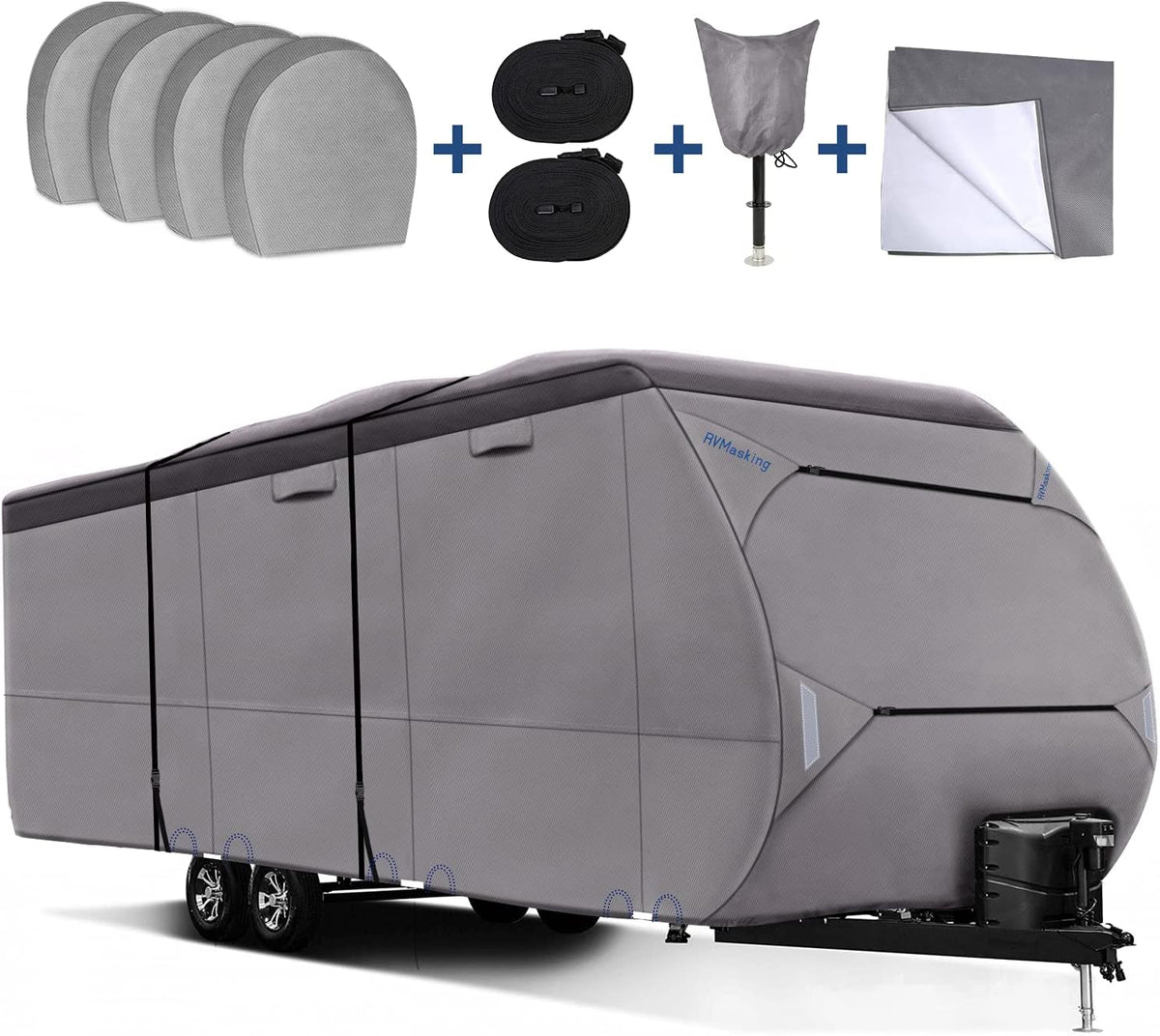 Upgraded Waterproof 500D Travel Trailer Cover with 4 Tire Covers, Tongue Jack Cover B179917