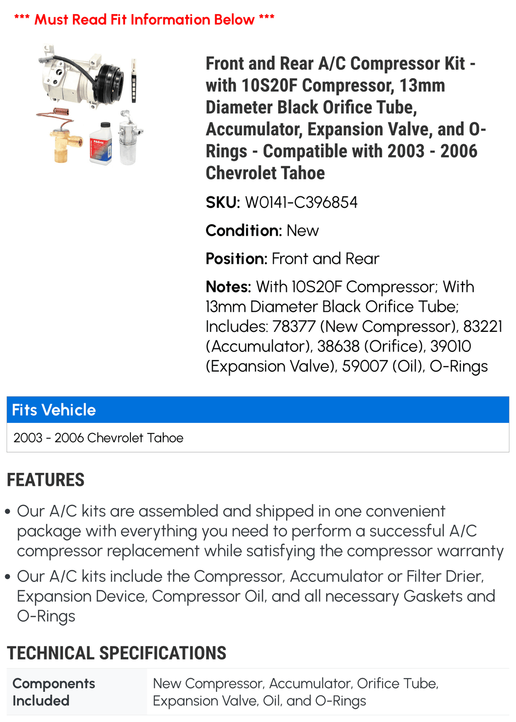 A/C Compressor Kit with 10S20F Compressor, 13mm Diameter Black Orifice Tube, Accumulator, Expansion Valve, and O-Rings C630