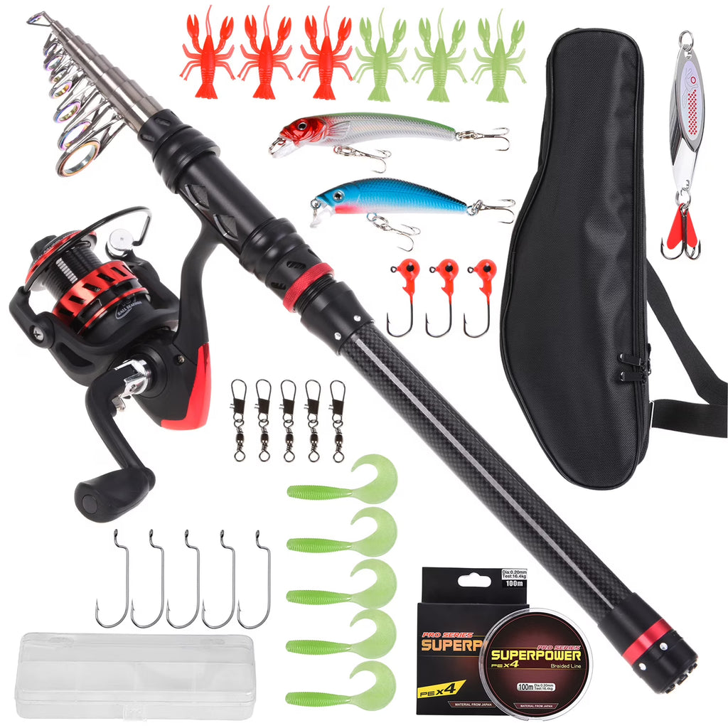 Carbon Fiber Telescopic Rod And Reel Combo With Lures Swivels Kit T6684