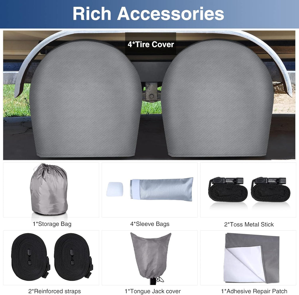 Upgraded Waterproof 500D Travel Trailer Cover with 4 Tire Covers, Tongue Jack Cover B179917