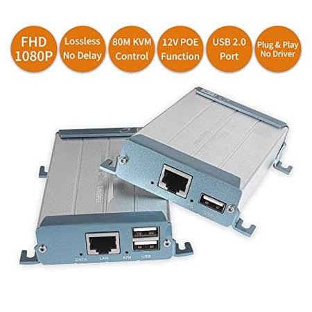 HDMI KVM USB Extender with PoE, 80m 262ft HDMI RJ45 Transmitter and Receiver Adapter by Cat5 Cat6 Ethernet LAN Cable D121686