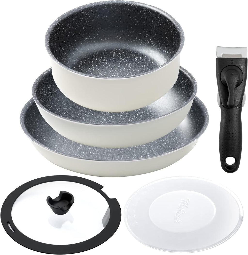 6 Pieces Non-Stick Cookware Set with Removable Handle, White E13968