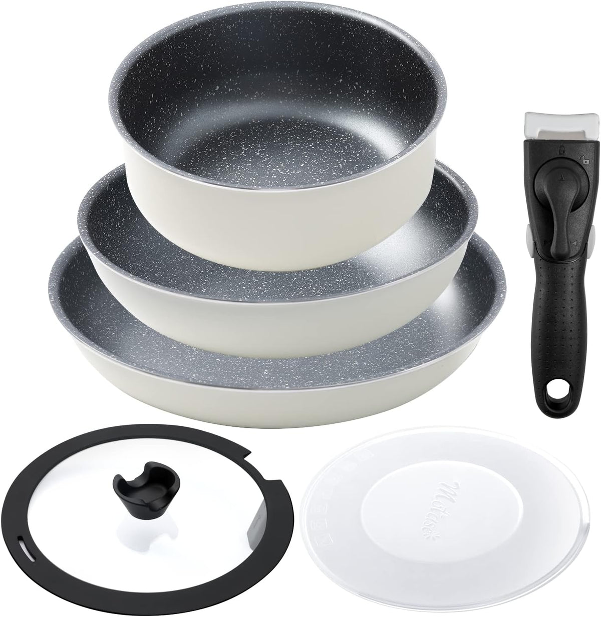 6 Pieces Non-Stick Cookware Set with Removable Handle, White E13968