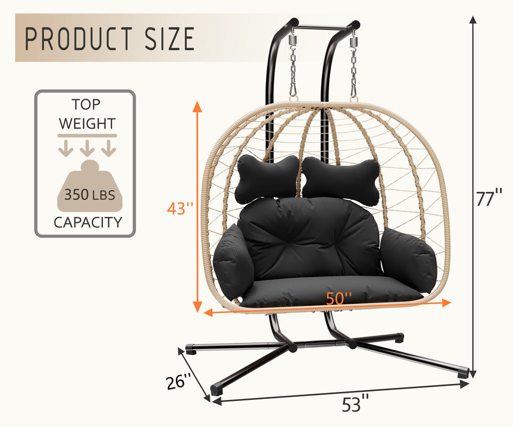 Yellow and Black Wicker Swing Egg Chair with Stand and Removable Cushions X2577