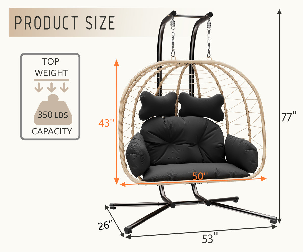 Yellow and Black Wicker Swing Egg Chair with Stand and Removable Cushions X2577