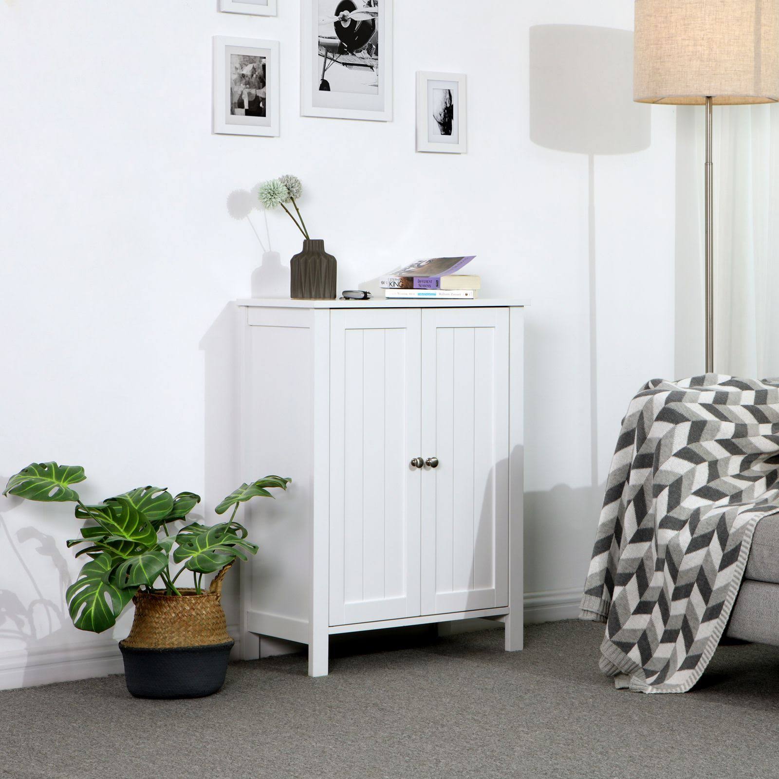 White Double Door Adjustable Shelf Bathroom Floor Storage Cabinet K124