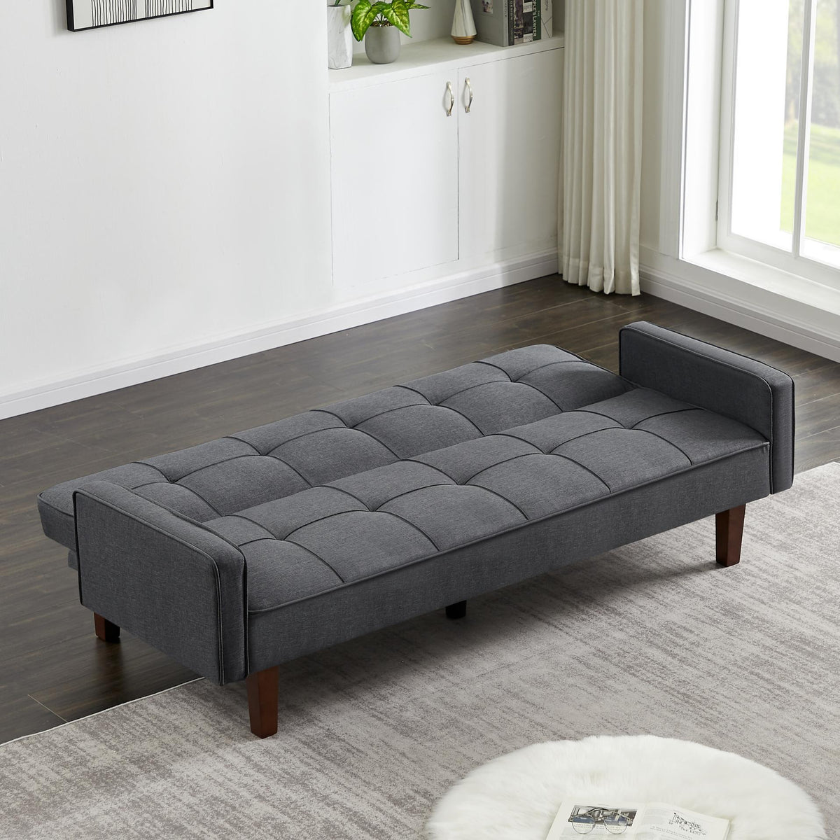 Grey Linen Convertible Sleeper Sofa with Removable Armrests W53765