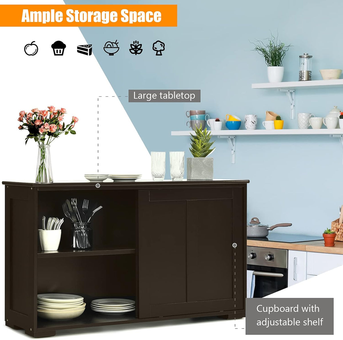 Brown Double-Layer Sliding Slat Door Storage Cabinet Q649